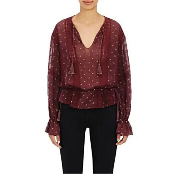 Ulla Johnson Elke Embroidered Blouse Size 8 Wine Burgundy Lace Flare Sleeve - Picture 1 of 13